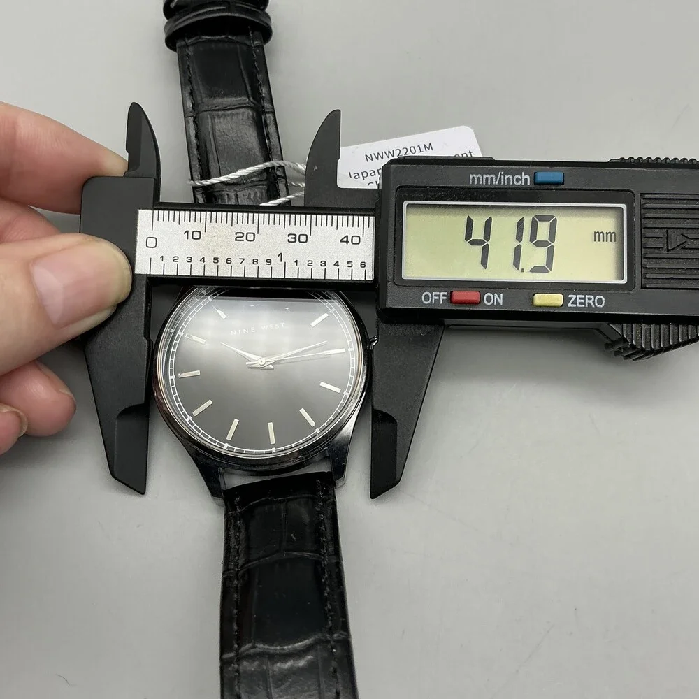 Nine West Womens Watch 42mm Silver Tone Black Dial Black Leather NWW2201W